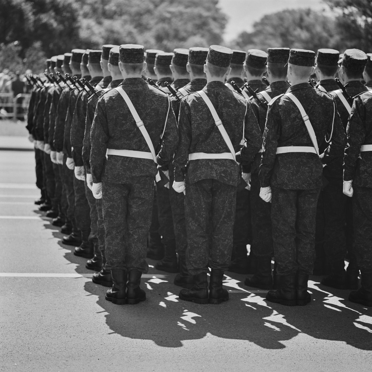 Strict rows of soldiers lined up on the avenue on the Independence Day of the Republic of Belarus