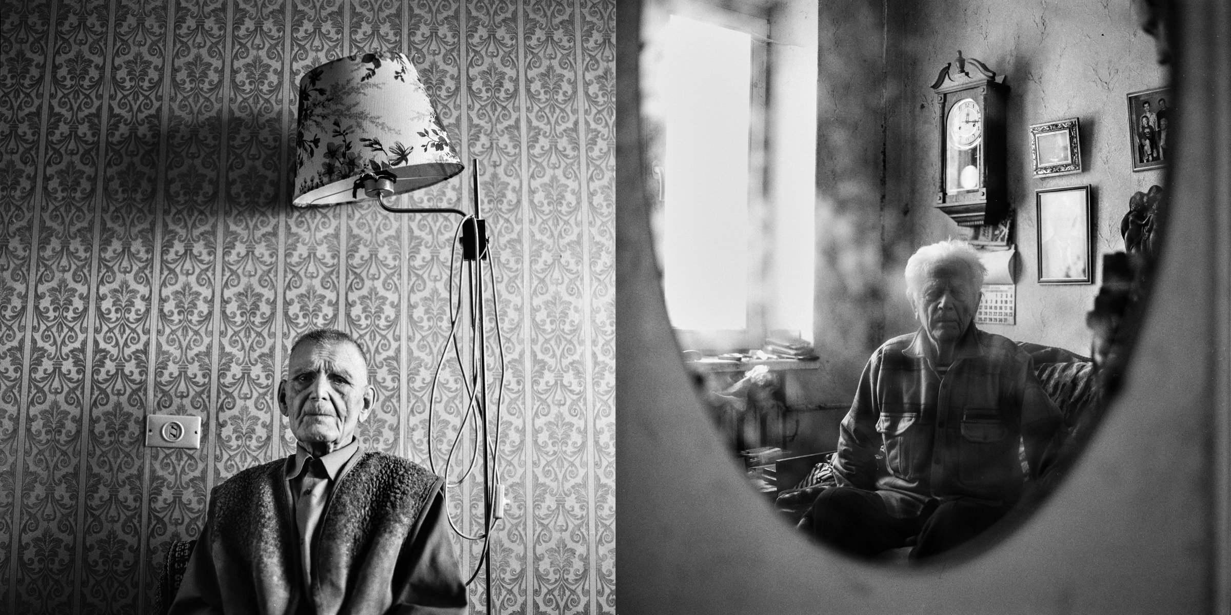 Belarusian veterans portraits of WW 2 sitting in their flats in Minsk, documentary black-and-white photo project