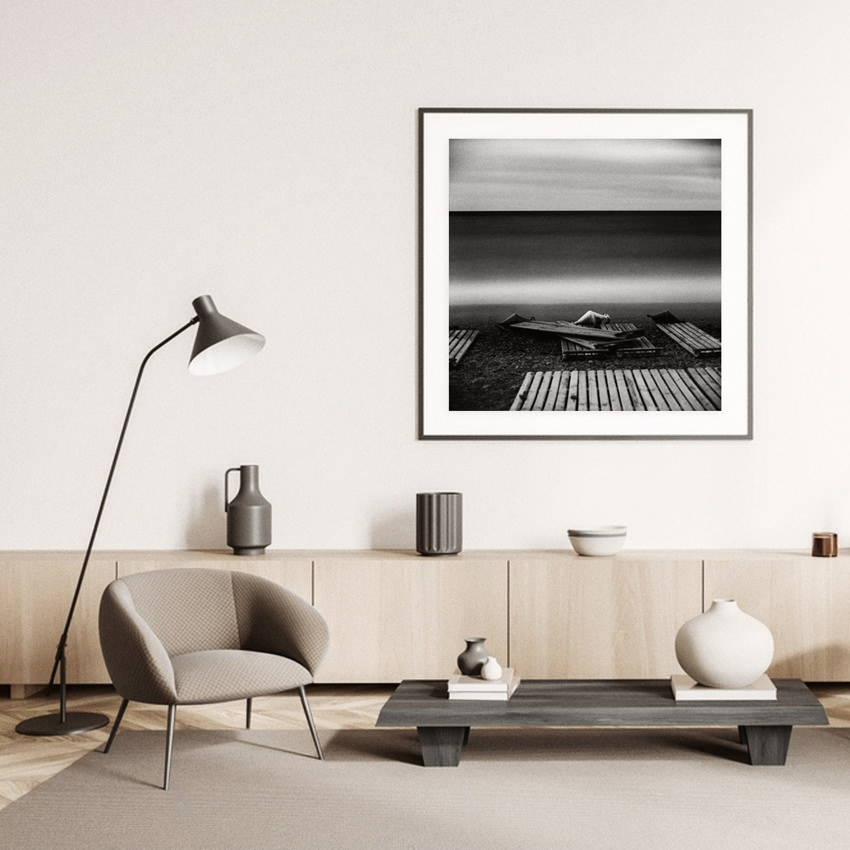 Shop for black-and-white long exposure waterscape archival photographic print 40x40 cm «Three Buoys» framed on the wall to decorate light living room