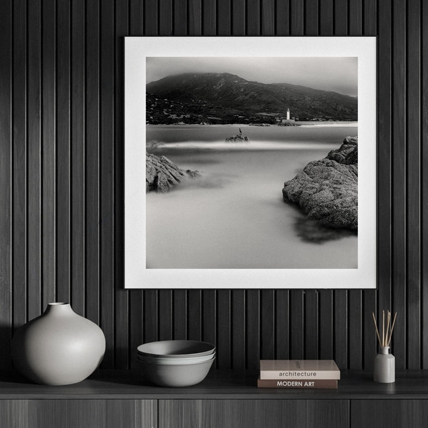 Buy black and white long exposure archival waterscape photographic print 40x40 cm «Lonely Cormorant» framed on the wall to decorate dark interior of living room or working space