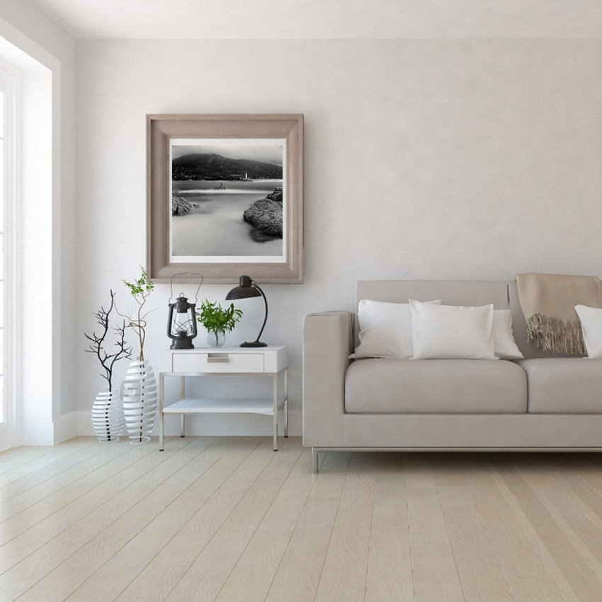 Black-and-white long exposure seascape photo print 40x40 cm «Lonely Cormorant» framed on the wall to decorate light interior of living space