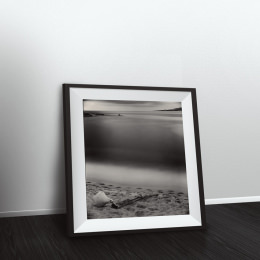 Buy black and white seascape photographic long exposure print «Buoy and Pole», framed archival photo in room interior as wall decoration or art collection